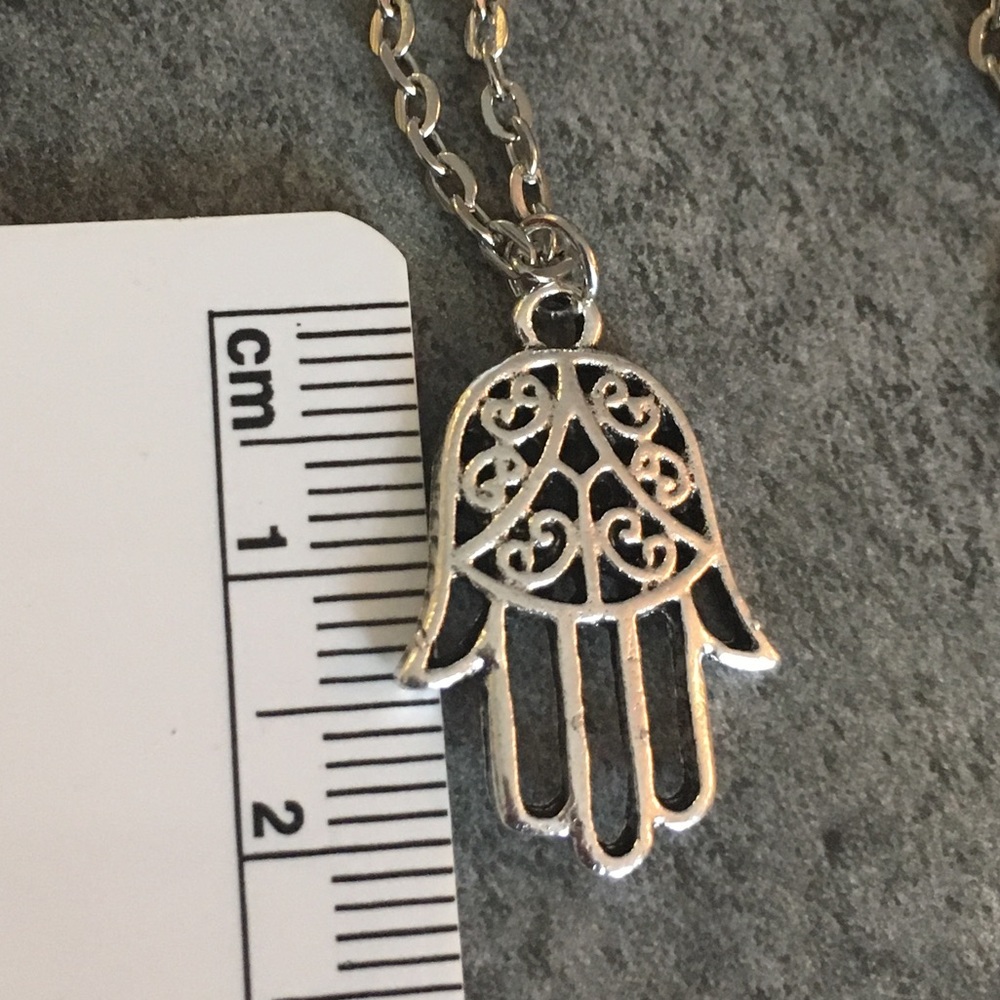 Hamsa Crescent Moon Double Layer Silver Necklace - Picture 7 of 7